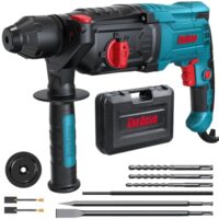 Einfacher und effektiver Bohrhammer für Heimwerker-Projekte mit 6-fach Geschwindigkeit, Sicherheitskupplung und hohen Bohrleistungen in Beton. Inklusive drei Sds-plus-Bohrer, zwei Meißel und Boxen.