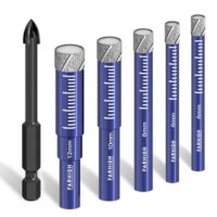 Ein Set aus Farhigh Diamantbohrern, Fliesenbohrern und Glasbohrern in verschiedenen Durchmessern (6mm, 8mm, 10mm und 12mm) sowie ein Hartmetallbohrer. Ideal für Montagearbeiten an Feinsteinzeug, Keramik, Fliesen, Glas, Granit, Beton, Mauerwerk, Quarz, Stein und Wandoberflächen.