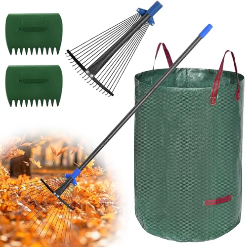 Gartenlaubrechen Set mit 32 Gallonen Laubsäcken und 2 Laubschaufeln, Gartenrechen zum Reinigen von Rasen und Pflanzen