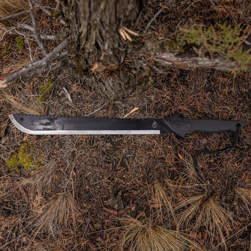 Ergonomische Gerber Machete mit Nylon-Scheide und Klingenlänge von 46 cm. Robuster Griff mit Sicherungsschlaufe für Camping, Wandern oder Bushcraft.