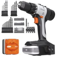 Ergänztes Bild eines Litheli 20V Akku Bohrschrauber Sets mit 2.0 Ah Akku, 64-teiligen Bohrer-Set und LED-Licht für Reparatur & DIY