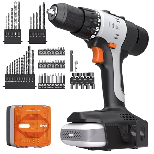 Ergänztes Bild eines Litheli 20V Akku Bohrschrauber Sets mit 2.0 Ah Akku, 64-teiligen Bohrer-Set und LED-Licht für Reparatur & DIY