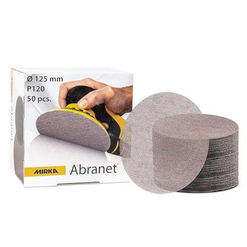Mirka Abranet Schleifgitter Ø 125mm Klett/Korn P120 / 50 Stück für Exzenterschleifer und Schleifmaschinen zum Schleifen von Holz, Spachtel, Lack und Kunststoff