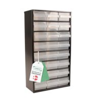 Kleinteilemagazin für Werkstatt und Haus, Raaco Produkt mit 30 kg Last, 15 x 30,6 x 55,2 cm Größe, 24 Schubladen, beschichteter Stahl, Wandmontage, Schraubenregal mit Sortierboxen