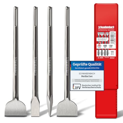 Meißel Set für Fliesen, Beton und Putz - 4-teilig mit SDS Max Aufnahme - Chrom-Vanadium-Stahl - Bosch Hilti kompatibel