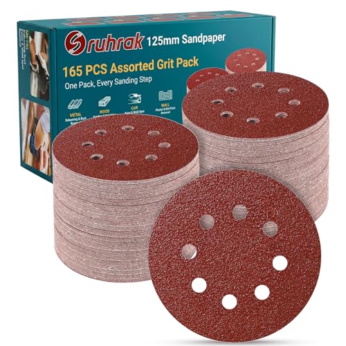 Schleifpapier Set mit 165 Stück, 125 mm Durchmesser, verschiedene Körnungen und 8 Loch Schleifscheiben für Holz, Metall, Lack und Kunststoff.