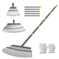 ZHJAN Rechen Garten, 25+11 Zinken Laubrechen mit Stiel Metall, Verstellbarer Stiel (70-185 cm), Schwerlast Laub, Gartenharke für Laub, Rasen, Boden, inkl. 2 Handschuhe