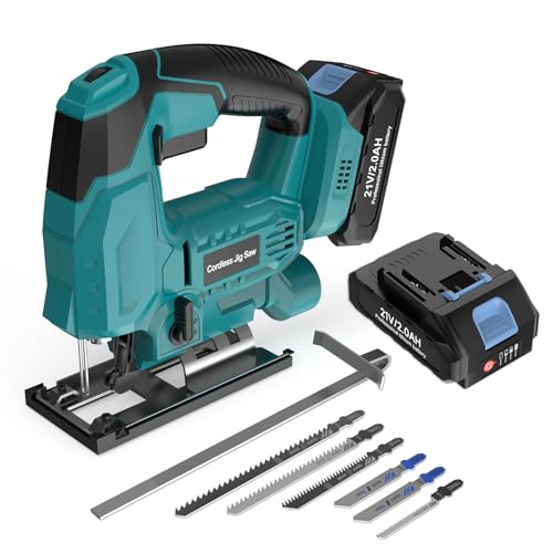 Blayram Akku Stichsäge, kompatibel mit Makita 18V, Elektrostichsägen mit 2 * 2,0Ah & 6 Sägeblättern, Variable Geschwindigkeit, 0°-45° Gehrungsschnitte für Holz, Metall, Kunststoff und Sperrholz