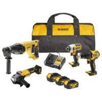 DEWALT 18V XR Kombisets mit Schlagbohrschrauber, Schlagschrauber und 125 mm Winkelschleifer inkl. 3 x 4 Ah Akkus und Weichtragetasche