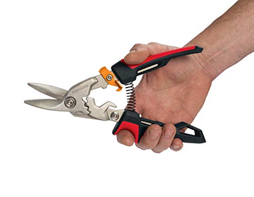 Fiskars Blechschere, linker Schnitt, bis zu 40% mehr Kraft, Länge 24,7 cm, wärmebehandelter Stahl/Kunststoff, Schwarz/Rot/Orange, PowerGear