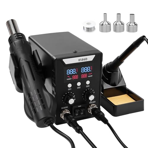 Heißluft Lötstation, 760W 2 in 1 Lötstation mit digitaler Anzeige und Temperaturkontrolle, Heißluftpistole und Entlötkolben für Elektronikreparatur und DIY-Projekte