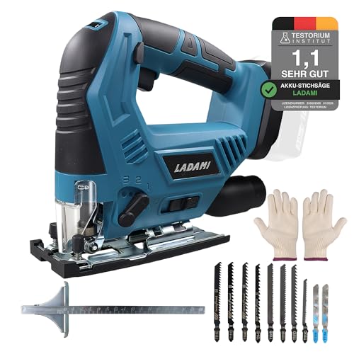 LADAMI Akku-Stichsäge, kompatibel mit Makita 18V-Akkus, 12 Sägeblätter, 7 Geschwindigkeiten, max. 45° Schrägschnitte, 4-Stufen Pendelhub Stichsäge für Holz, PVC und Metall