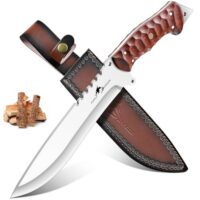 Großes Outdoor-Messer aus erstklassigem Hochkohlenstoffstahl mit durchgehendem Holzgriff und Säge für Buschhandwerk, Jagd und Gartenarbeit