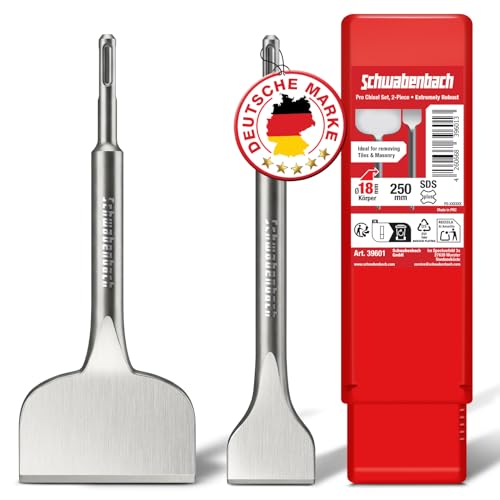 SCHWABENBACH Fliesenmeißel Sds Plus - 2teile 250 mm lang - Flachmeißel Sds Plus 50 mm + Sds Meißel Breit 100 mm - Sds Plus Meißel Set - Bohrhammer Meißel kompatibel mit Bosch Hilti