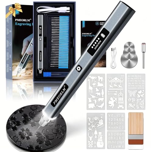 Vueowcue Gravierstift mit LCD Display und LED Licht, 31 Bits, 5 Gänge, elektrischer Gravur Stift für Holz, Glas, Metall, Stein, ideal für Profis und Heimwerker
