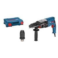 Professioneller Bosch Bohrhammer GBH 2-28 F mit Zusatzhandgriff, Tiefenanschlag und weiteren Zubehörteilen für heimische und industrielle Anwendungen.