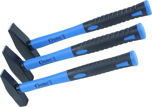 Vier Hämmer im Set von Condor Werkzeug 2900, darunter drei Hammer mit Gewichten 300g, 500g und 800g sowie ein Gummigriff mit Fiberglasstiel. Die Hämmer sind nach DIN 1041 geprüft.