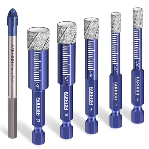 Diamantbohrer, Fliesenbohrer und Glasbohrer in einem Set mit 6 verschiedenen Durchmessern (6, 8, 10, 12mm) und zwei Zentrierbohren aus Wolframstahl-Legierung für Keramik, Porzellan, Fliesen, Glas, Granit, Stein, Mauerwerk, Feinsteinzeug und Beton