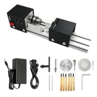 Mini Drehmaschine für das Zerspanen, Polieren und Schleifen von Materialien wie Metall und Holz. Robuste Konstruktion aus Aluminiumlegierung mit 7-stufiger Drehzahlregelung.