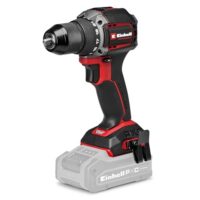 Ein black and red electric drill ist auf einem weißen Podest dargestellt. Das Gerät hat einen schwarzen Griff und eine silberne Kabelanschluss.