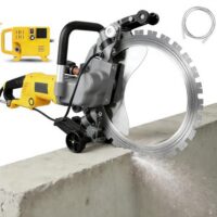 Elektrische Betonsäge mit Wasserpumpe und 3 verschiedenen Scheiben für Ziegel, Stein, Bewehrungsstahl und andere Materialien.