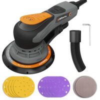 Exzenterschleifer 150 mm, Bürstenloser Exzenterschleifer mit 5,0 mm Exzenterhub, 350W Schleifmaschine mit 6 Drehzahlstufen 4000-10000 U/min, mit inkl. 12 Schleifblättern