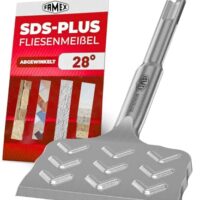 Professionelles Werkzeug für die Renovierung und Sanierung von Oberflächen, FAMEX 8342 SDS-Plus Fliesenmeißel 165 mm, extra breite 75 mm Schneidkante, abgewinkelt für leichte Fliesenentfernung, Hochleistungsstahl