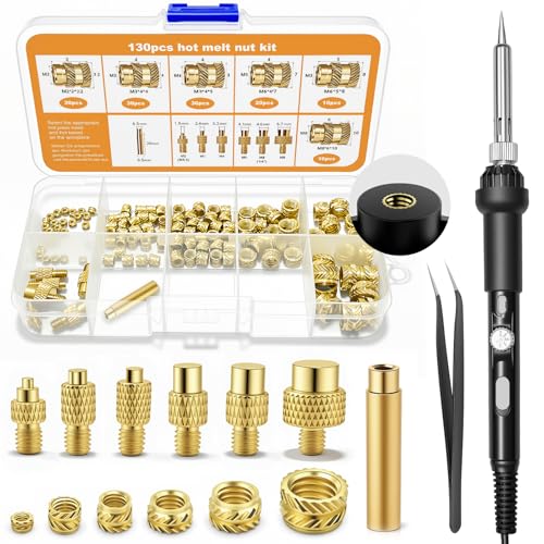 138 Stück Gewindeeinsätze für Lötkolben, Temperatur einstellbar bei 60W, M2/M3/M4/M5/M6/M8, Messing Gewindeeinsätze für Einschmelzen in 3D-Druck-Teilen