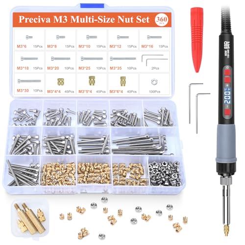 Gewindeeinsätze Lötspitzen Set, Preciva M3 Gewindeeinsatz Lötspitzen Set mit M3 Schrauben Muttern Sortiment Set. Das ultimative Gewindeeinsatz-Set für Heimwerker und Handwerker. Temperaturregelbarer Lötkolben, Adapter für Lötspitzen und M3-Gewindeeinsätze und -muttern.