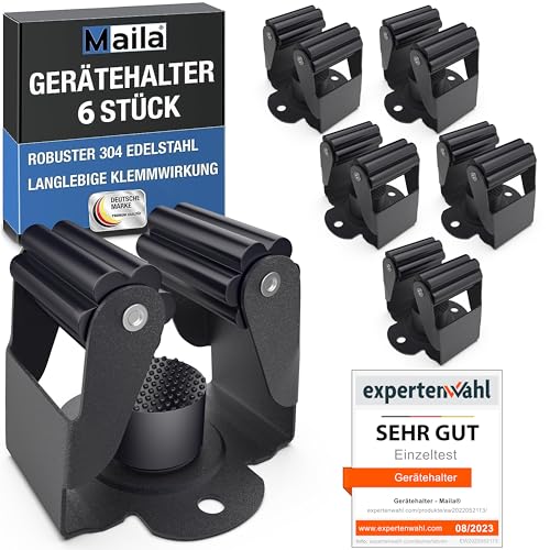 Maila Gerätehalter Set, 6er Pack, Schwarz, Robust Edelstahl, Wandhalterung für Besen und Werkzeuge