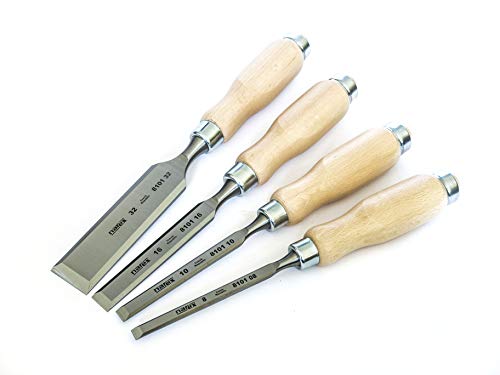 Qualitativ hochwertiges Stechbeitel Set mit verschiedenen Durchmessern aus Cr-Mn-Stahl für verschiedene Anwendungen geeignet, ergonomischer Griff aus klar lackiertem Holz