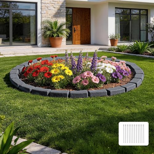 VEVOR Beeteinfassung in Steinoptik, 4,7 m, Beetumrandung ohne Graben, Rasenkante für Rasen, Blumenbeete & Garten, 4er-Pack (je 6 Steine à 118x9,5x10 cm), 12 Befestigungsspitzen, Anthrazit