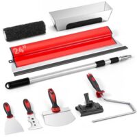 Professionelles Flächenpachtel Set mit Teleskopstiel, 60 cm Glättkellen und Edelstahl-Mörtelwanne für Trockenbau, Verputzen und Wandglättung