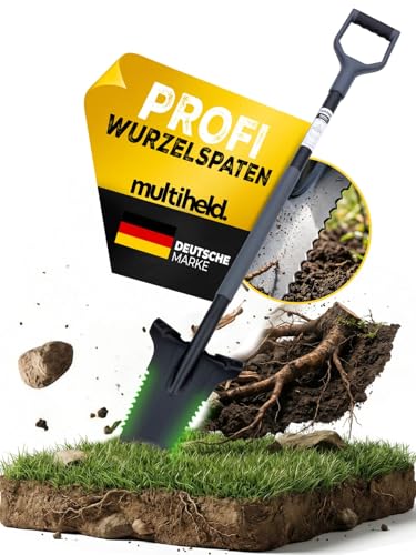 Gartenspaten mit Wurzeläge, 120 cm lang, ergonomischer Softtouch-Griff, extra breite Trittkante, Robuster Garten-Spaten aus hochwertigem 1050Mn Stahl