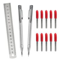 2-Teiliges Anreißnadel Set aus Wolframkarbid mit 10 Ersatzspitzen und 15 cm Stahllineal, Reißnadel für Metall, Magnetischer Hartmetall Markierstift, Anreißwerkzeug für Glas