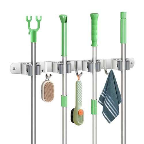 Edelstahl-Besenhalterung Wand mit 4 Halter und 3 Haken, praktische Aufhängung für Gartengeräte in Silberfarbe