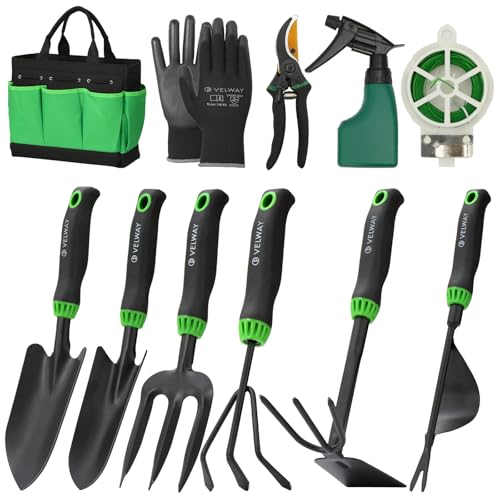 Velway Gartenwerkzeug Set 11 Stück - Gartengeräte aus Edelstahl, robuste Handwerkzeuge mit ergonomischen Griffen, rostfrei, mit Tragetasche, ideal für Frauen und Männer zum Gärtnern