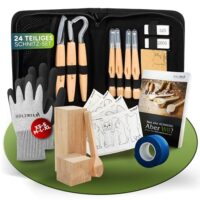 HOLZHELD hochwertiges Schnitzwerkzeug (24 Teil.) inkl. 32 S. Anleitung und 4 Vorlagen zum Schnitzen - Set für Holzbearbeitung