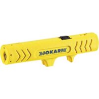 Vibranten gelben JOKARI Universal Entmanteler No.12 zum Abisolieren von Rundkabeln mit rasiermesserscharfen voreingestellten Abisolierklingen und ergonomischer Form.