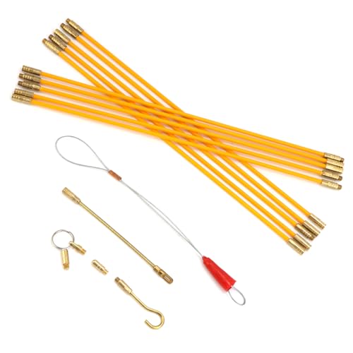 QWORK 10 Stück Fiberglas Kabelabzieher Set, Kabeleinziehhilfe mit Haken und Loch, 33CM Kabelabzieher, Kabeleinziehhilfe Set - Durch Wände ziehen und schieben - Leuchtend gelbe Farbe - 10 Stangen mit je 33 cm Länge