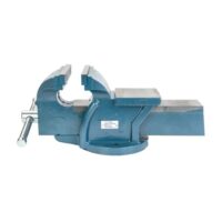Schraubstock mit 150 mm Backenbreite, robustes Gusseisen und rutschfeste Backen für präzise Werkstück-Fixierung bei Metallbearbeitung und Holzarbeiten.